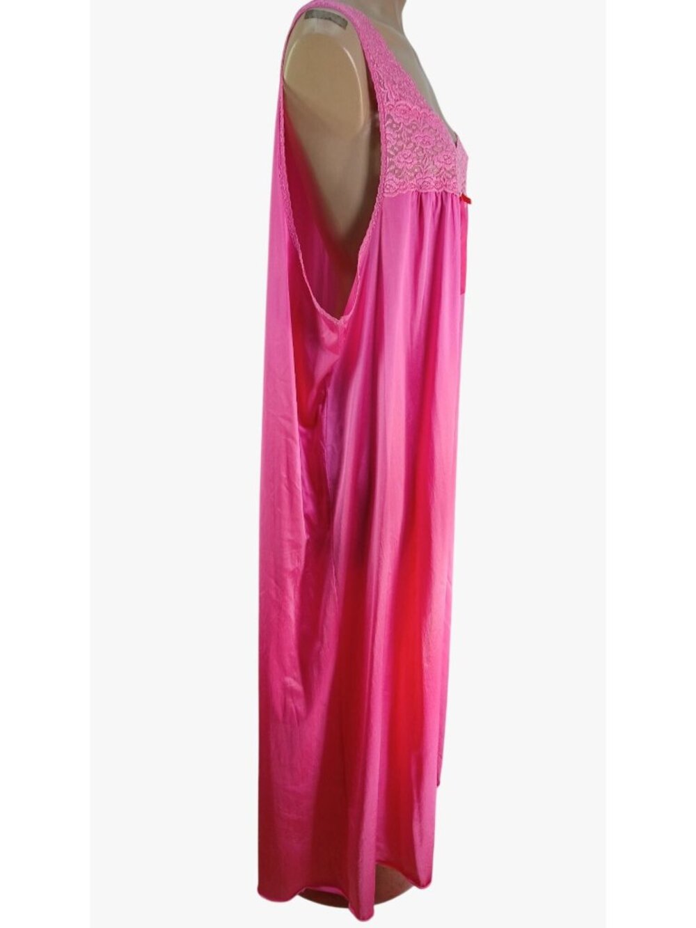 Vintage Vanity Fair Bright Pink Sleeveless Nightgown Size XXXL Lace Bodice Bow - Picture 5 of 10